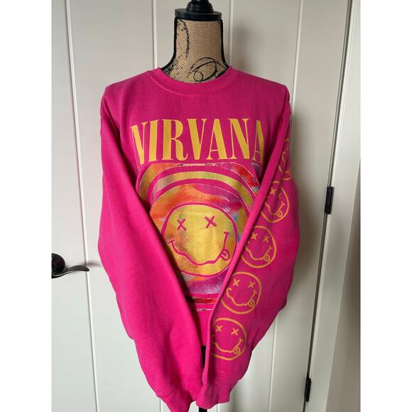 Nirvana Smiley Face Hot Pink Oversized Sweatshirt Size Medium - Picture 2 of 8